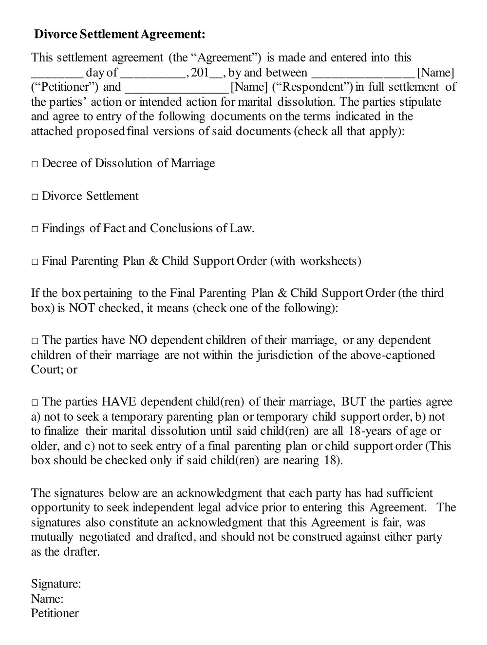 Simple Divorce Settlement Agreement