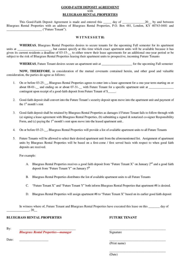 15+ Free Good Faith Deposit Agreement Form & Templates - PDF, DOC ...