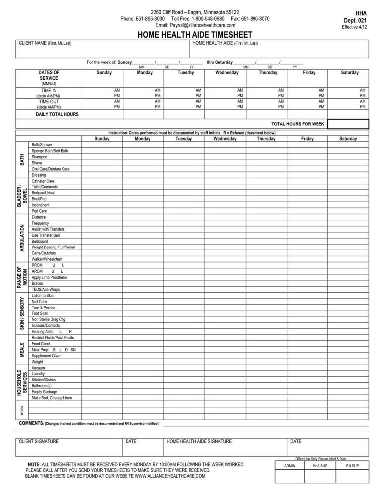 28+ Free Printable Home Health Aide Timesheet Templates Simple PDF