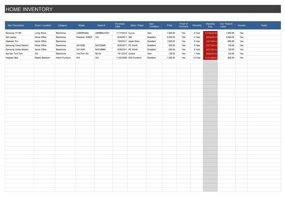 Simple Home Property Inventory Spreadsheet