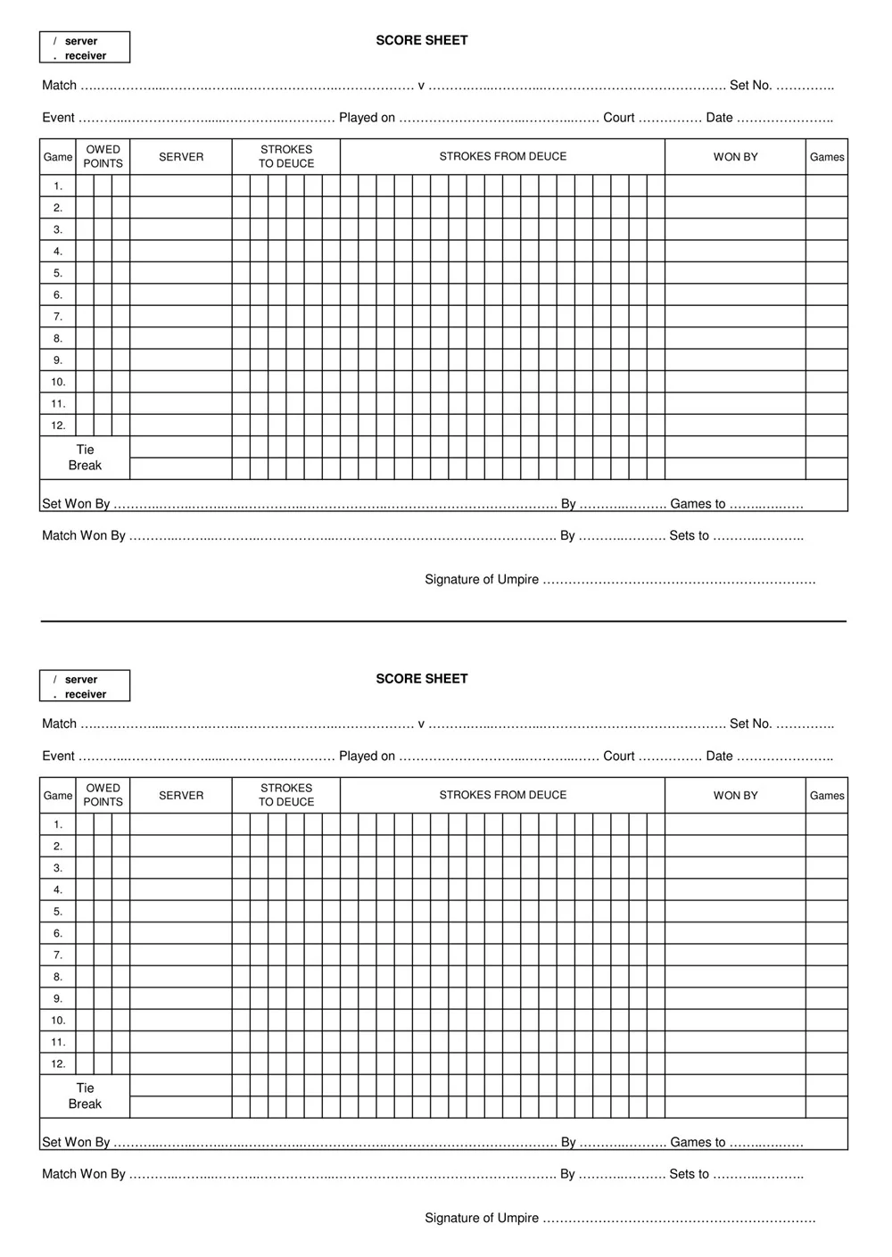 Simple Tennis Score Sheet