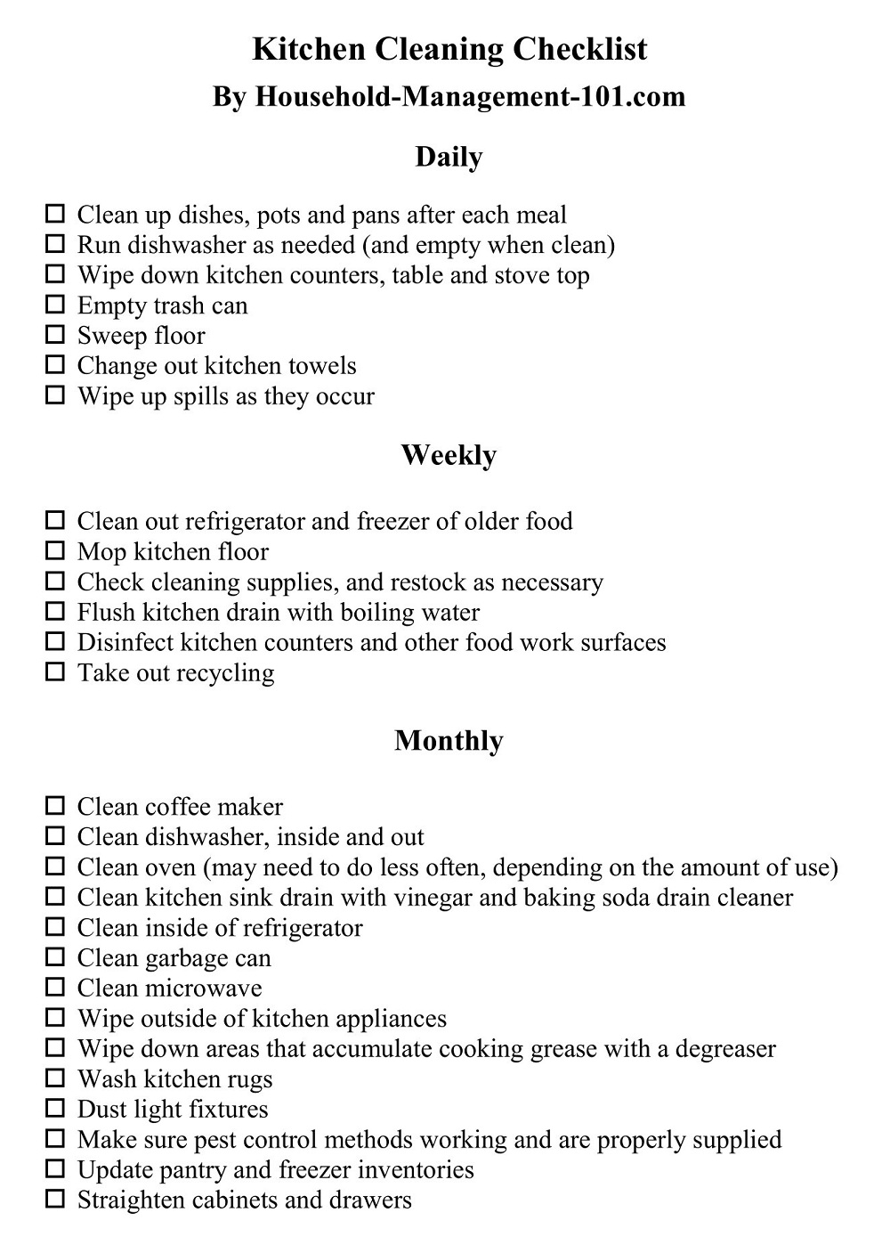 Standard Kitchen Cleaning Checklist