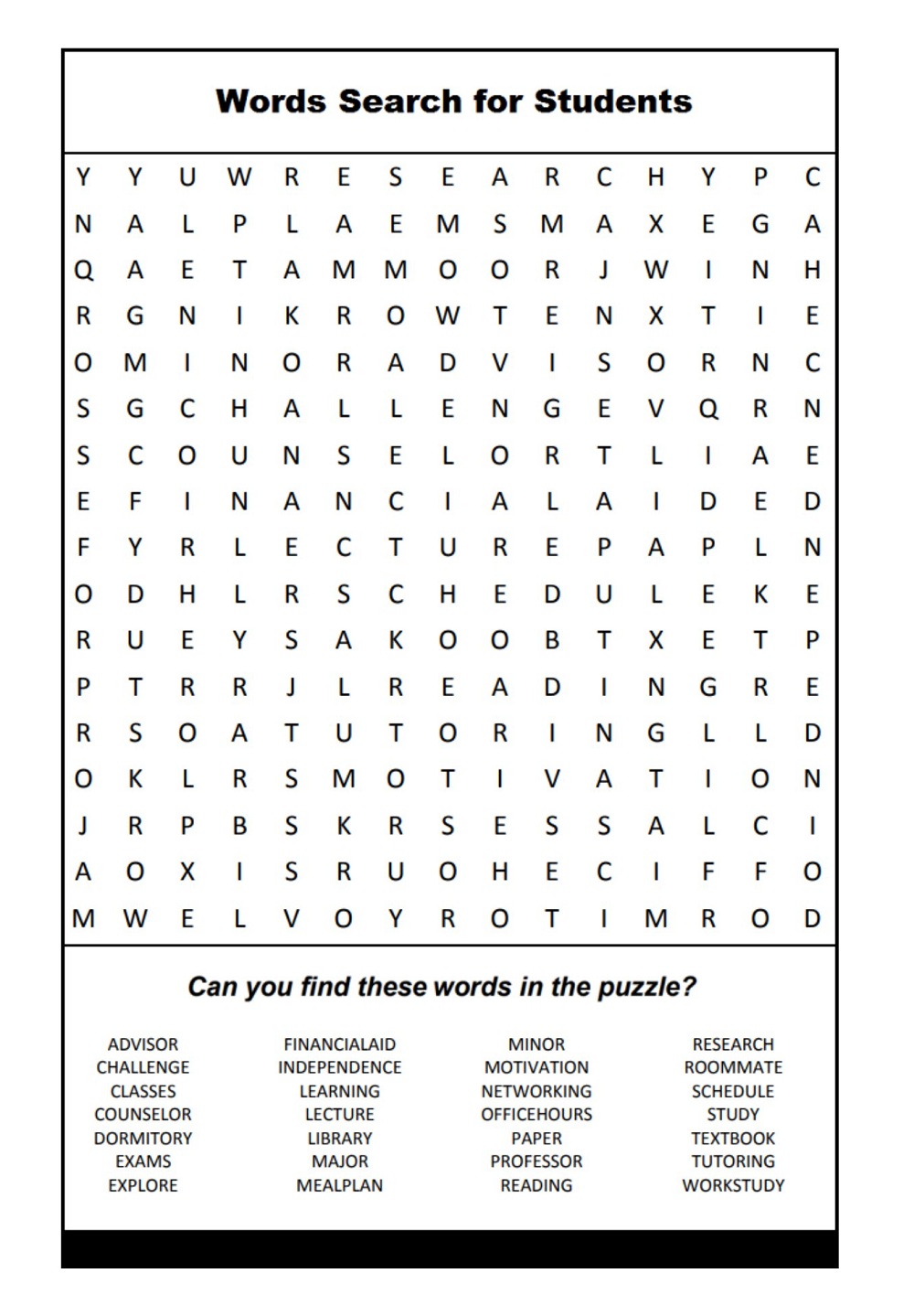 Students Words Search Puzzle