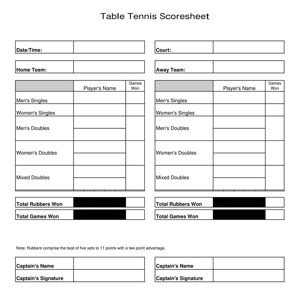 Table Tennis Score Sheet