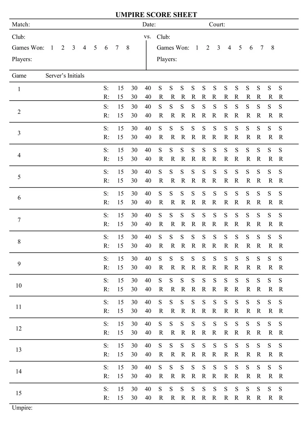 Tennis Score Sheet Template