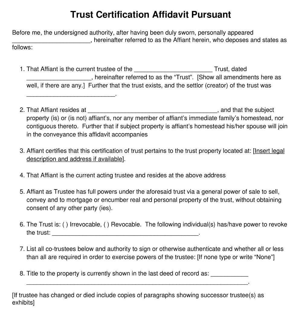 Trust Certification Affidavit Pursuant