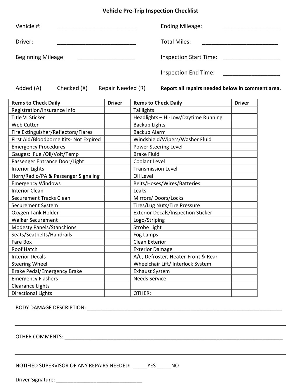 Van Pre Trip Inspection Checklist