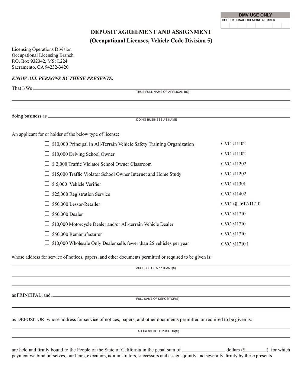 Vehicle Deposit Agreement Form Sample