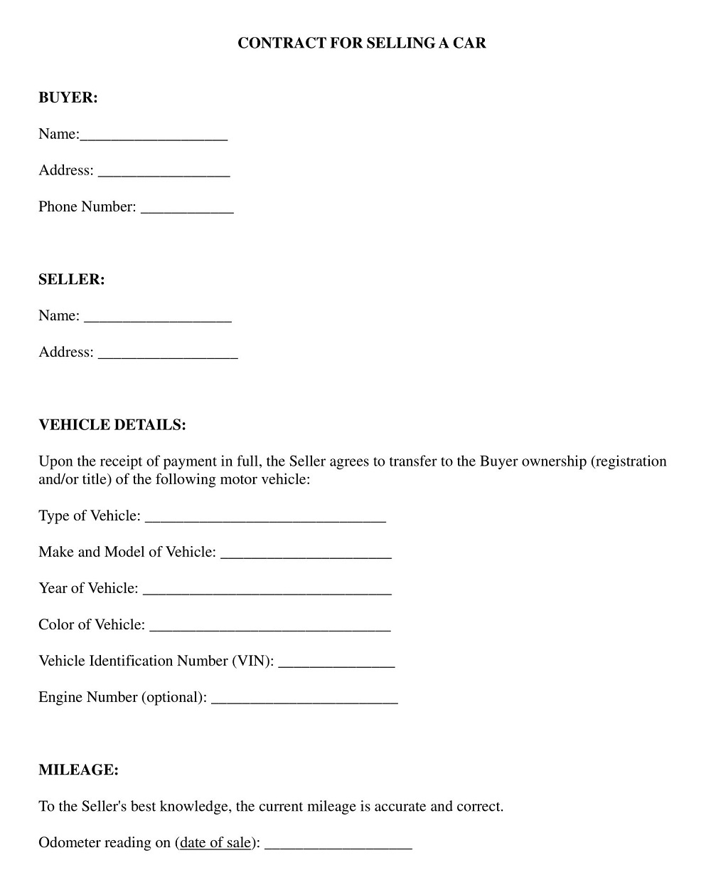 Vehicle Deposit Contract Form Template