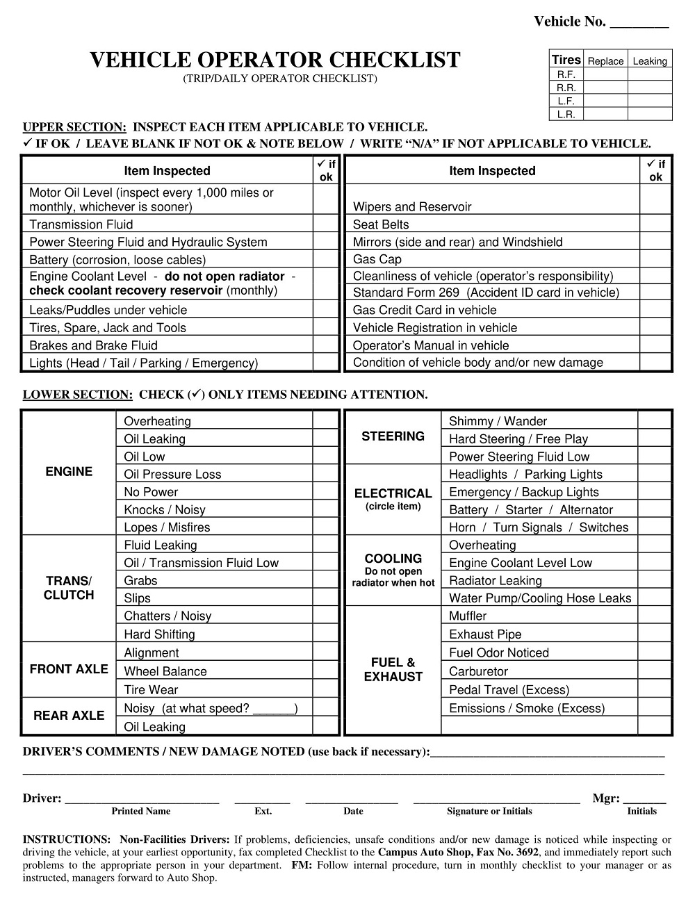 Vehicle Operator Cleanliness Inspection Checklist