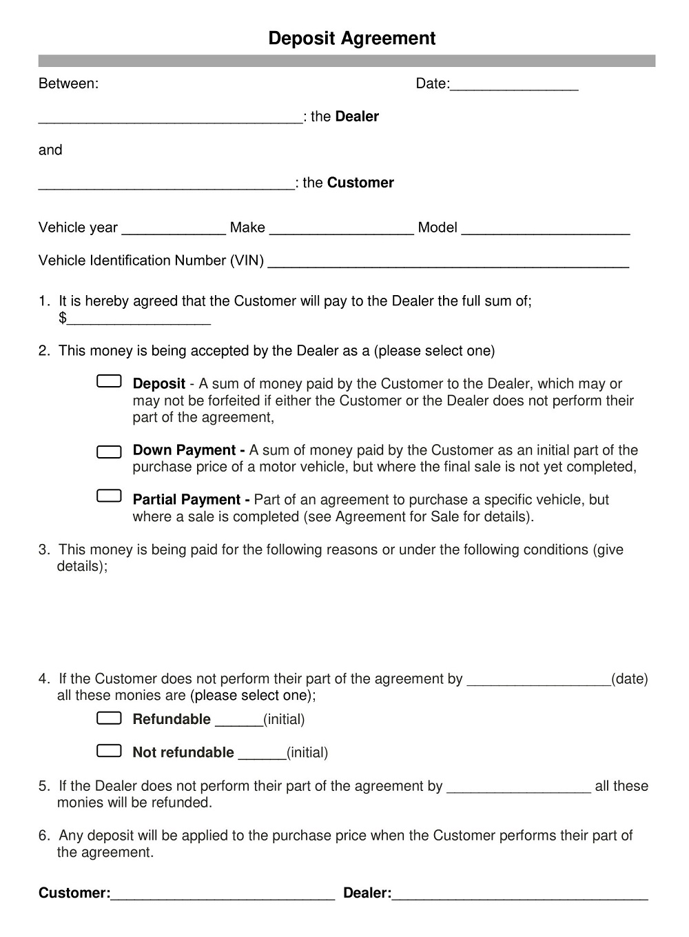 Vehicle Purchase Deposit Agreement Form