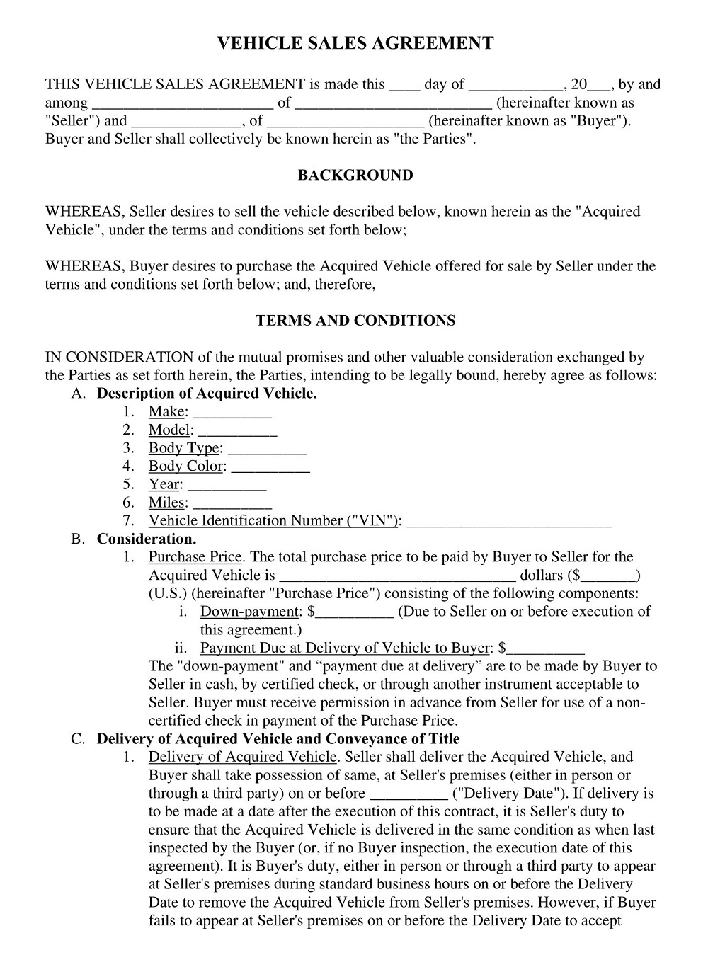 Vehicle Sales Agreement Form Template