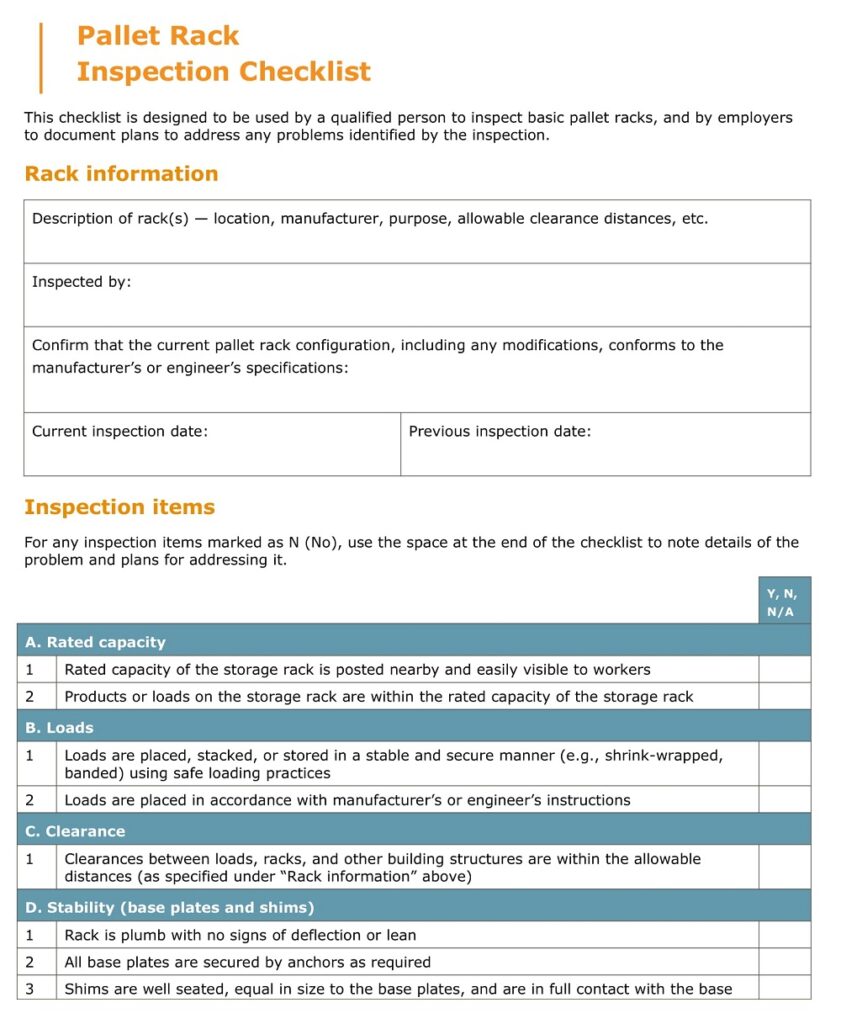 14+ Free Warehouse Racking Inspection Checklist Templates - Printable ...