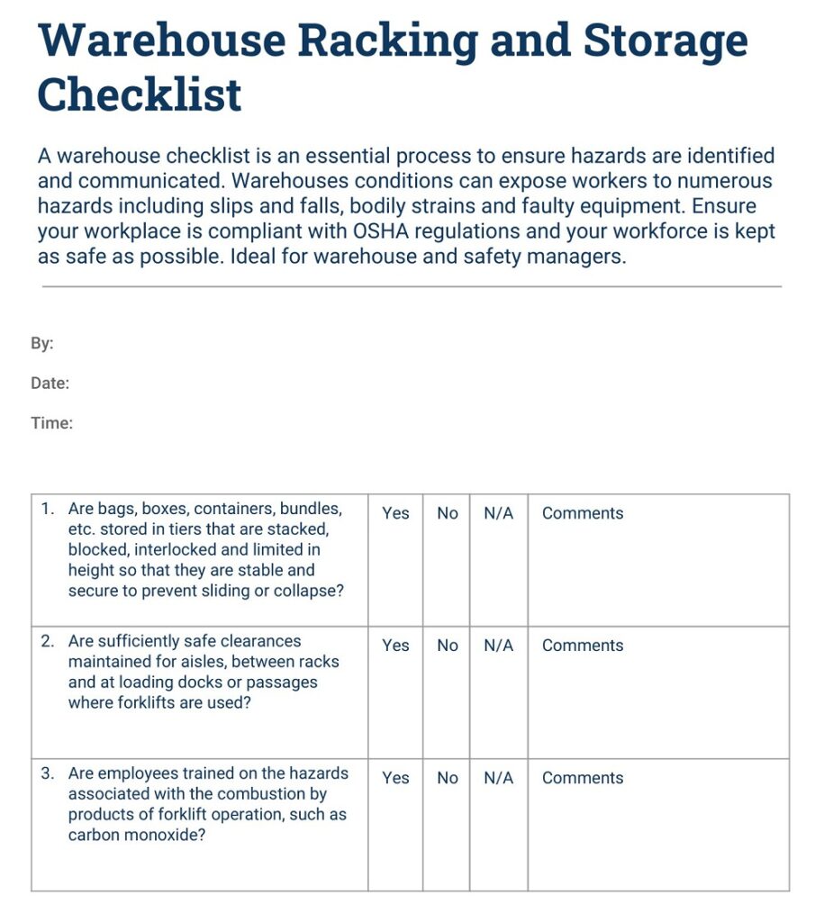 Free Warehouse Racking Inspection Checklist Templates Printable