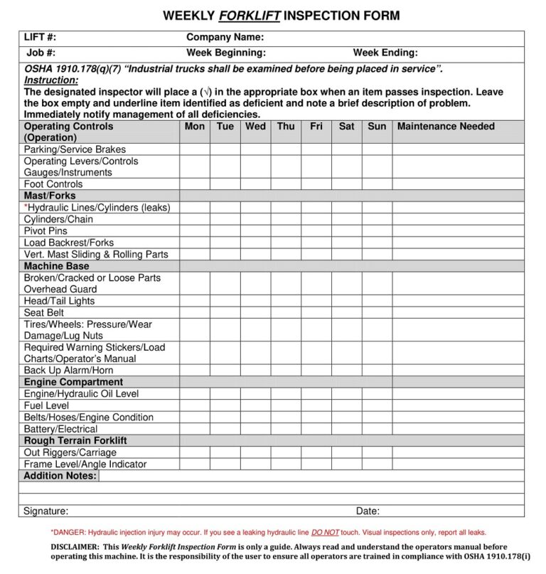 24+ Free Printable Forklift Inspection Checklist Templates Sample PDF