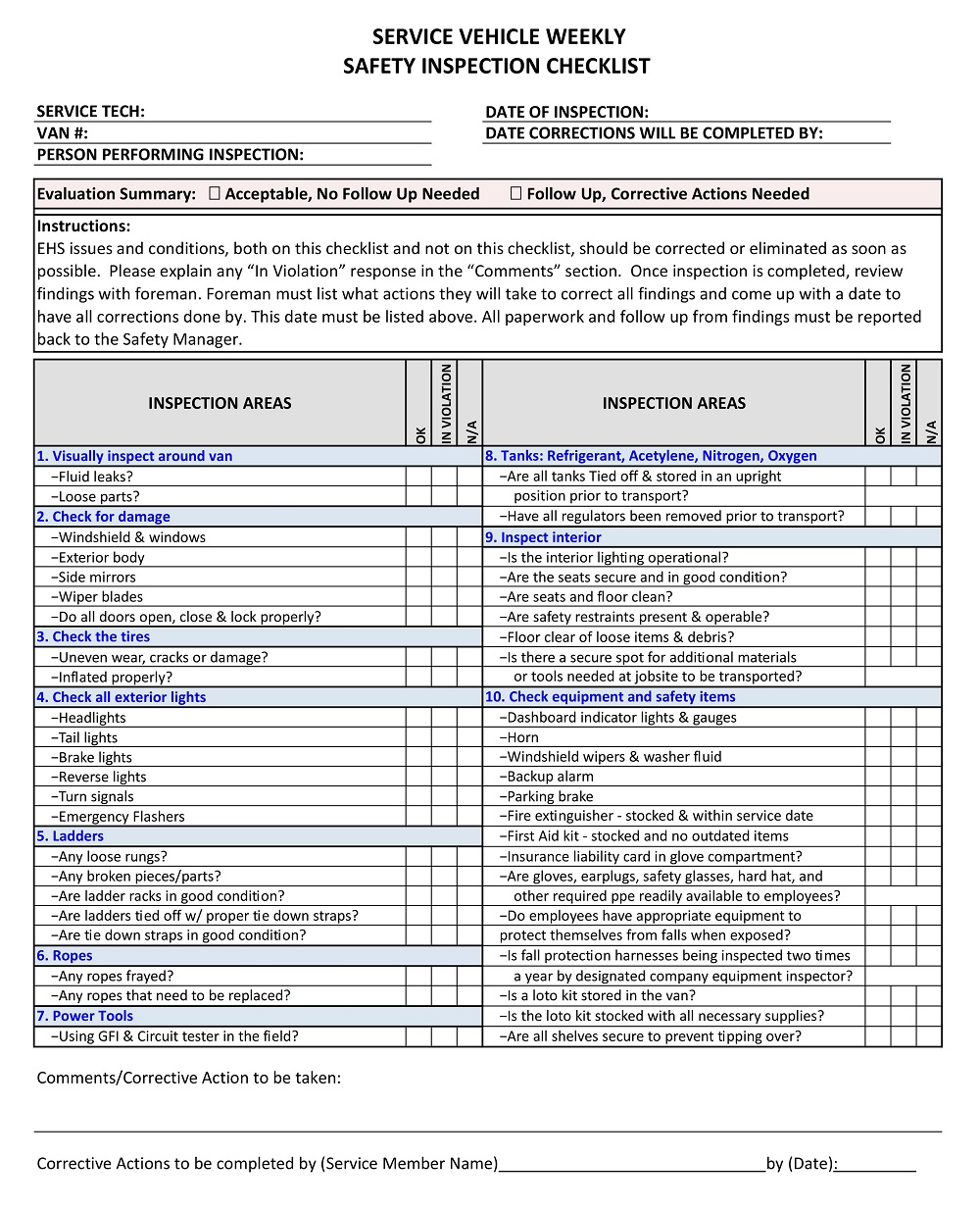 Weekly Vehicle Safety Inspection Checklist