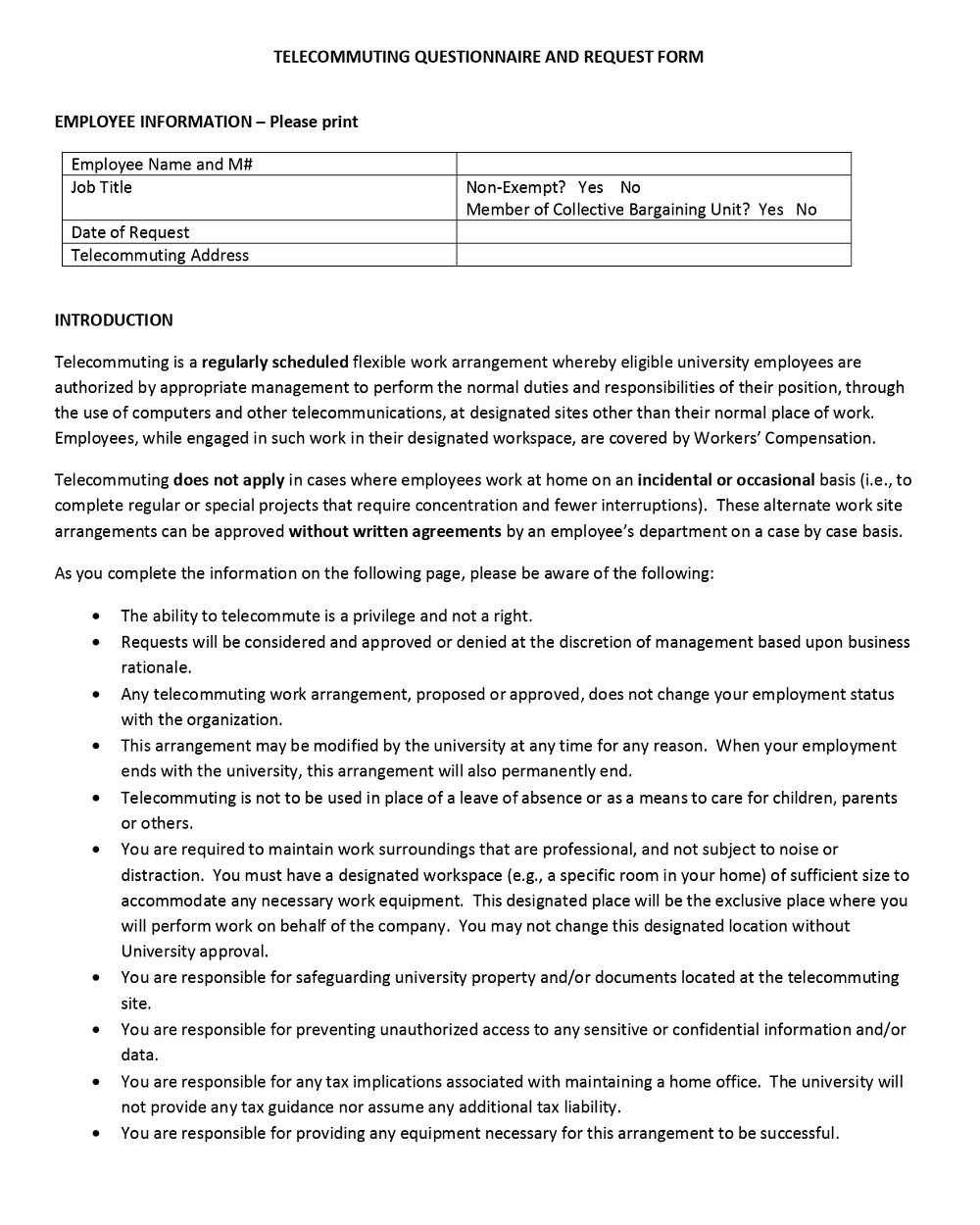 Work From Home Questionnaire Request Form