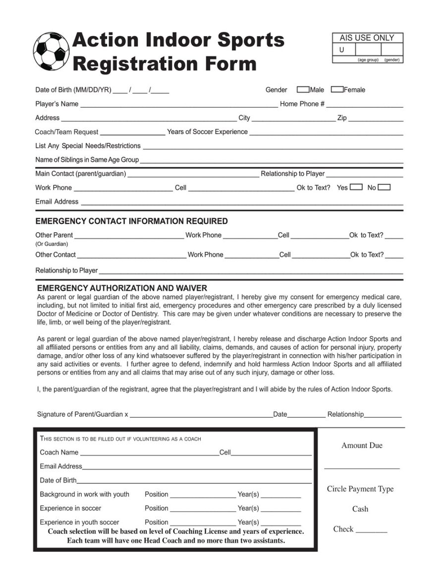 Action Indoor Sports Registration Form