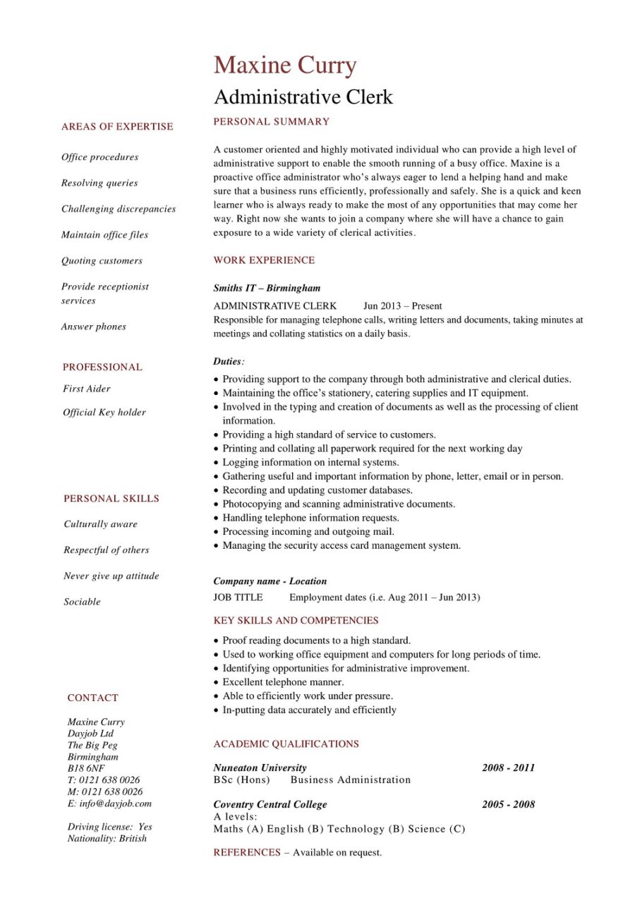 Administrative Clerk Resume Template