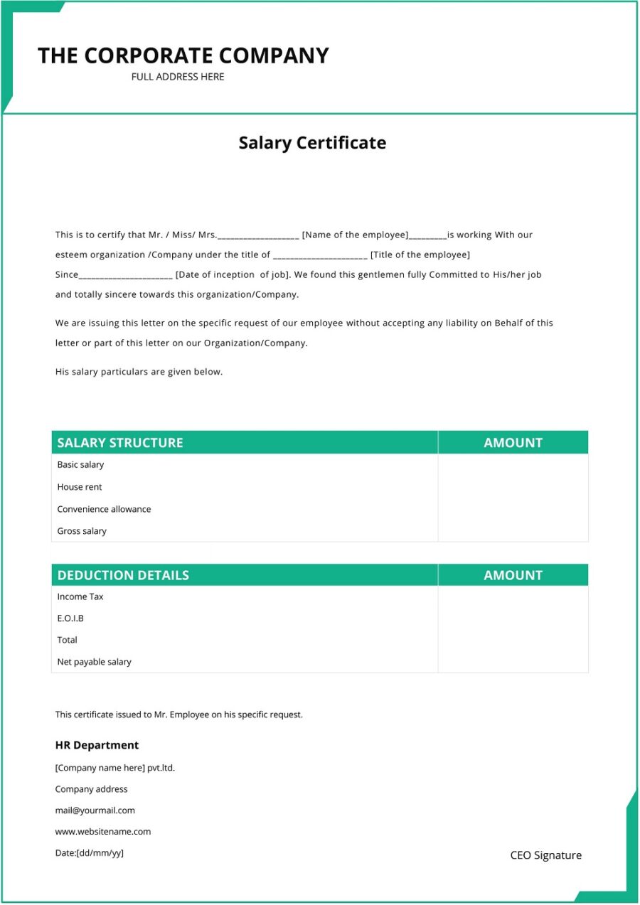Annual Employee Monthly Salary Certificate