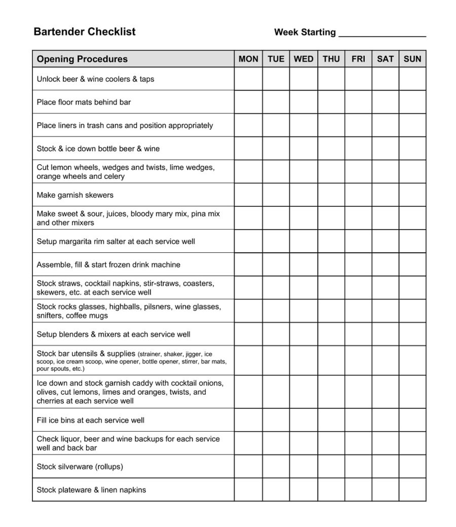 Bartender Shift Change Checklist Template