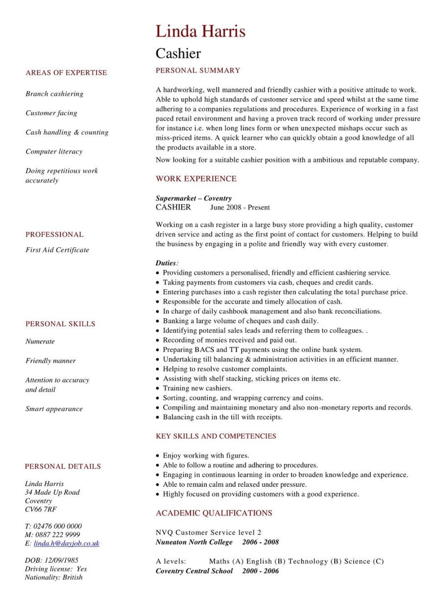 Cashier CV Template PDF