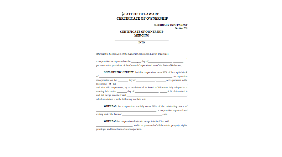 Certificate of Ownership Merging