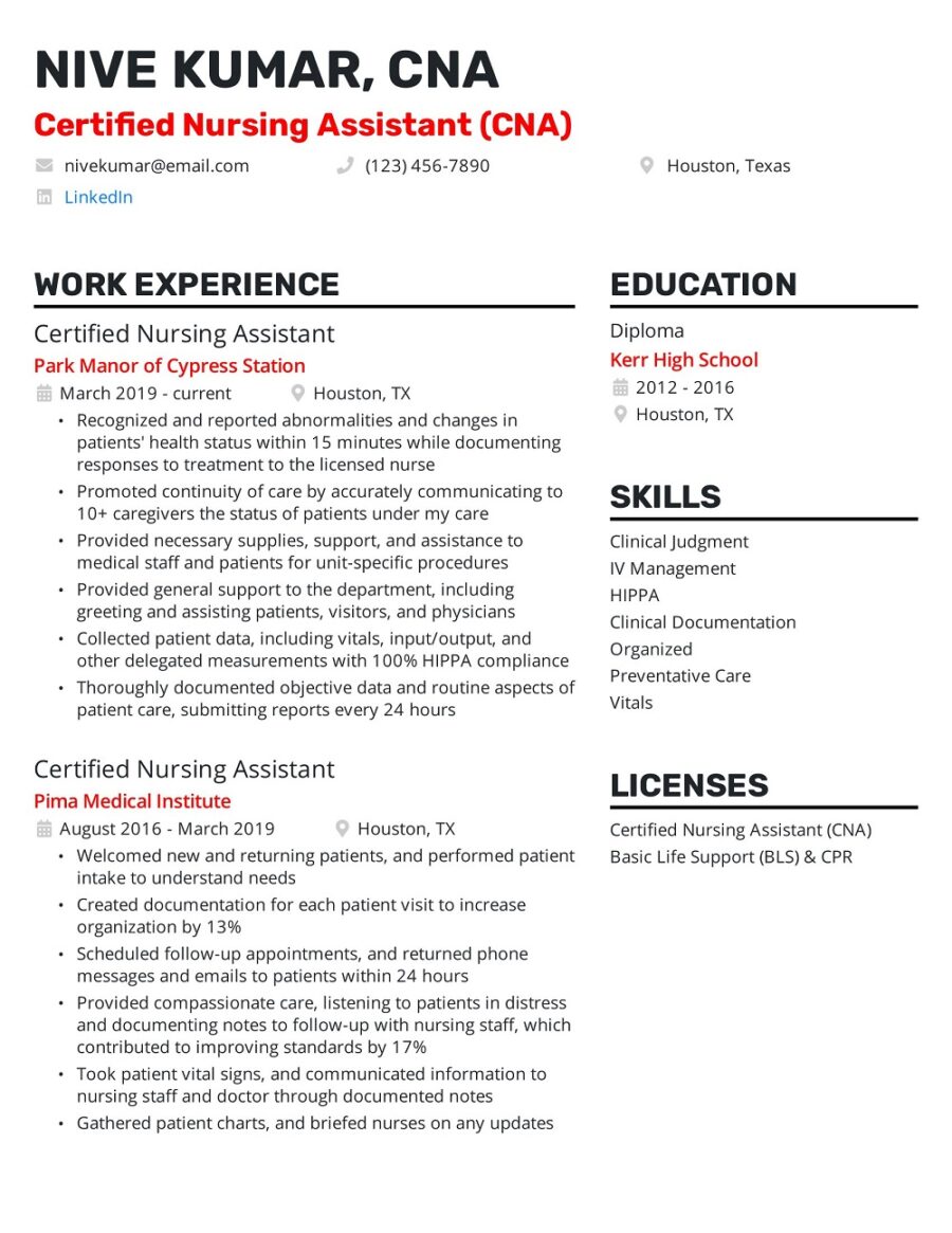 Certified Nursing Assistant Resume Template