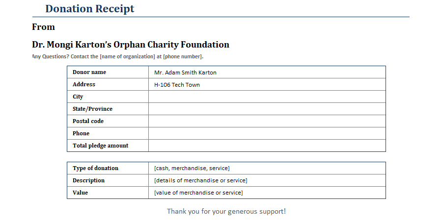 Orphan Charity Foundation  Donation Receipt