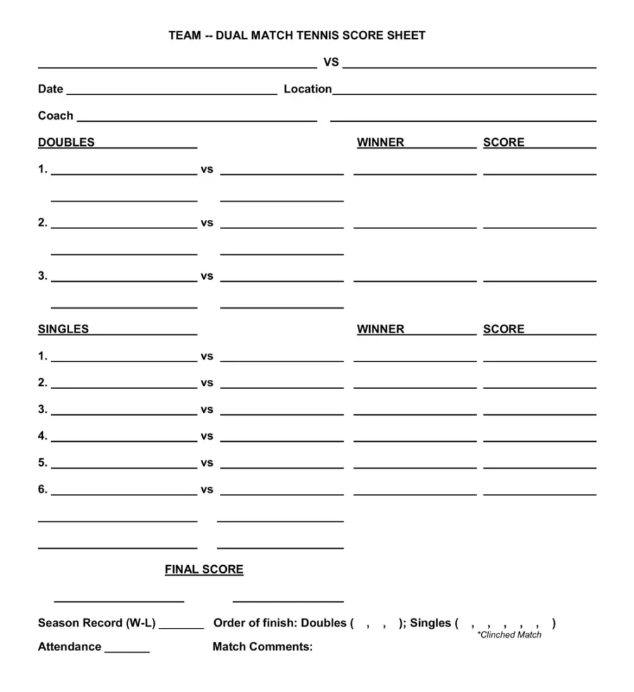 Dual Match Tennis Score Sheet