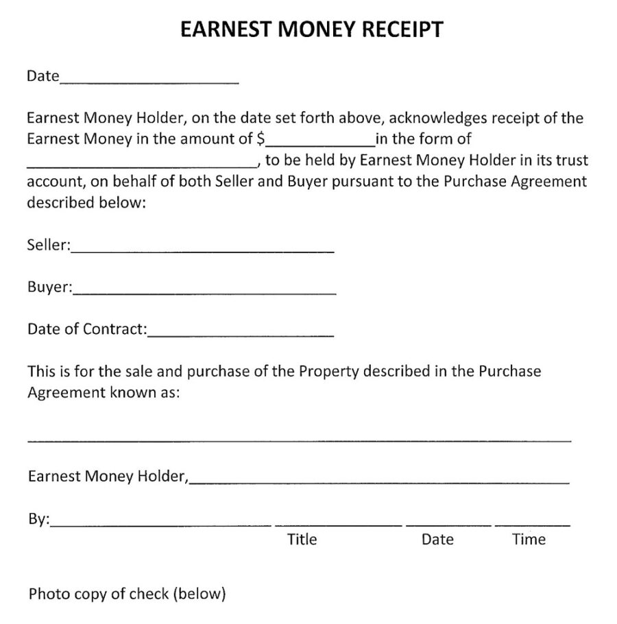 Earnest Money Receipt Form Sample