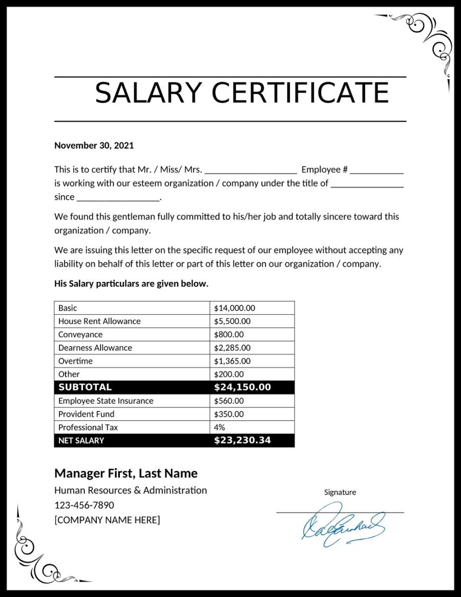 Employee Salary Certificate with Amounts Breakup