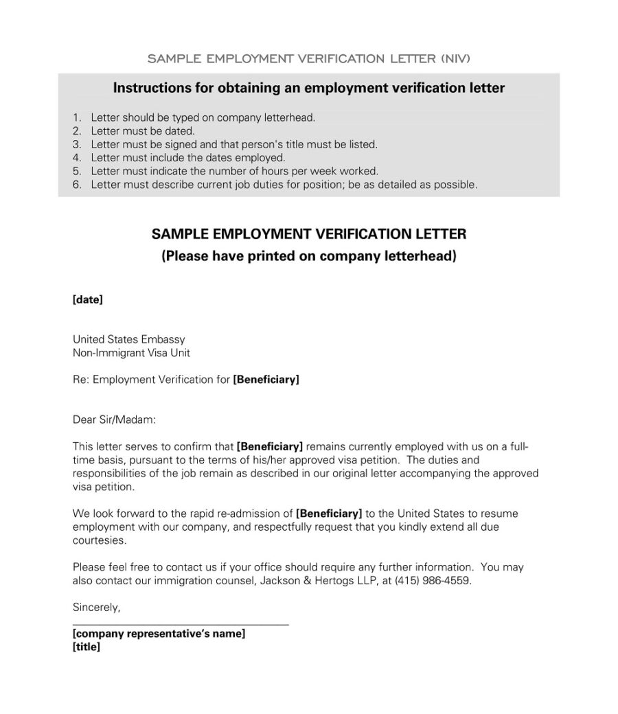 Employment Verification Letter for immigration Template