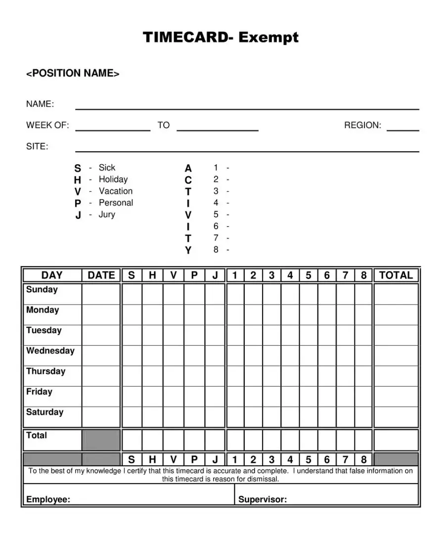 Exempt Time Card Template