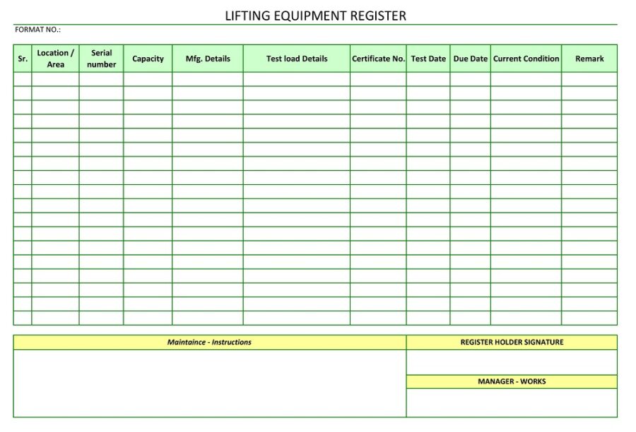 Lifting Equipment Register Format