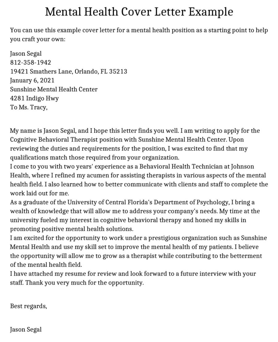 Mental Health Cover Letter Example