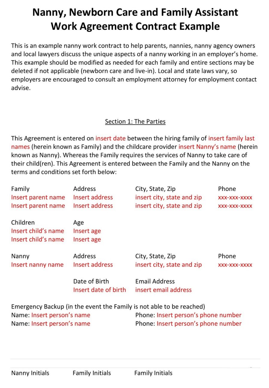 Nanny Agreement Contract Example