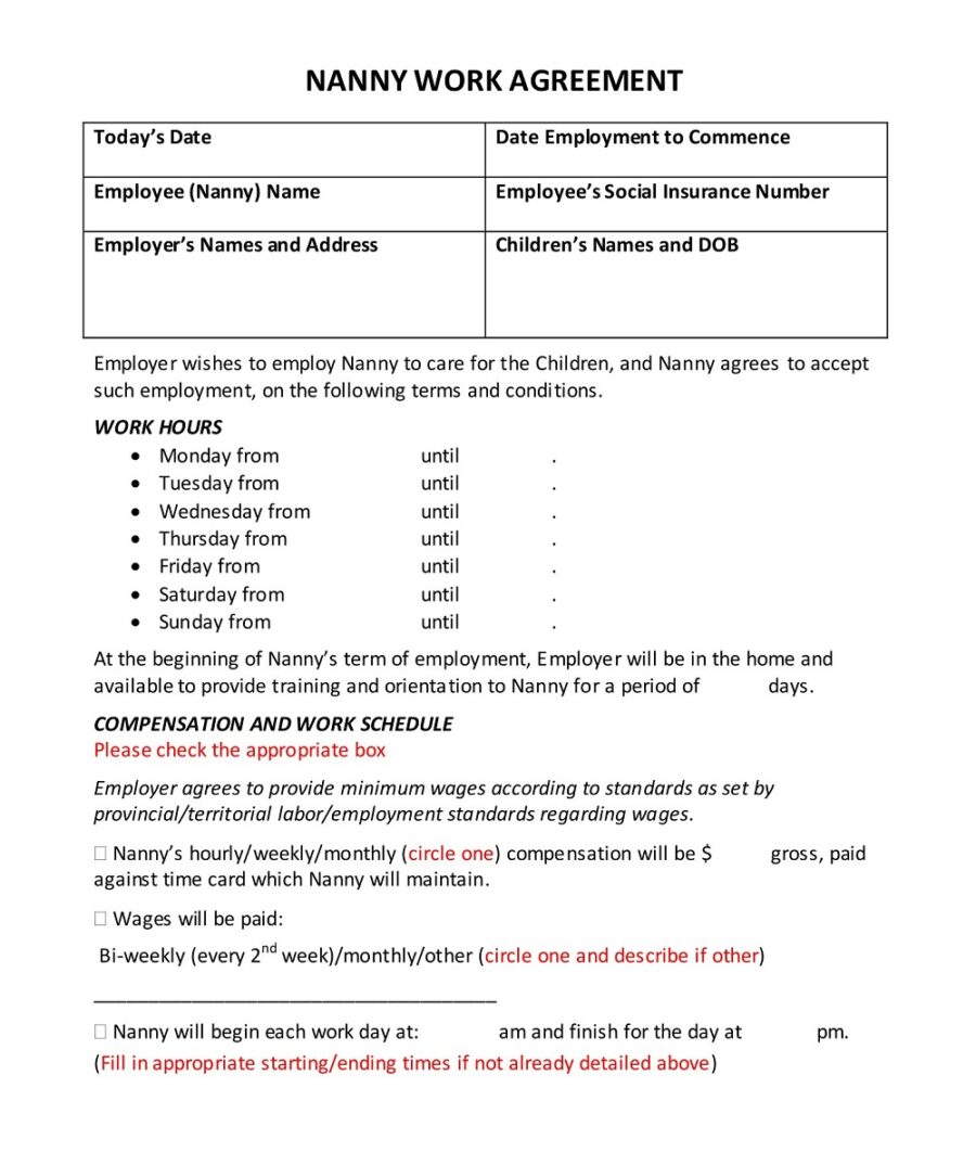 Nanny Work Agreement Template