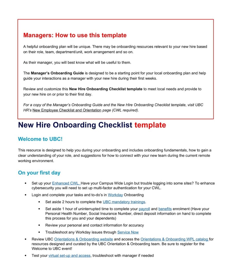 New Hire Onboarding Checklist Template