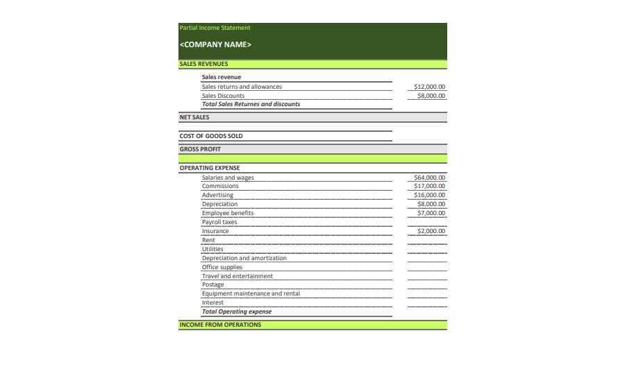 Partial Income Statement Template