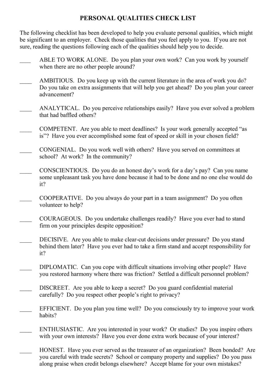 Personal Quality Checklist Template