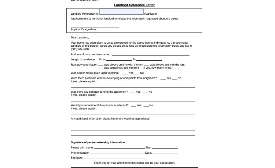 Personal Reference Letter Template For Landlord