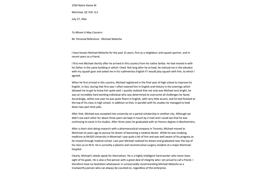 Personal Reference letter Template 5