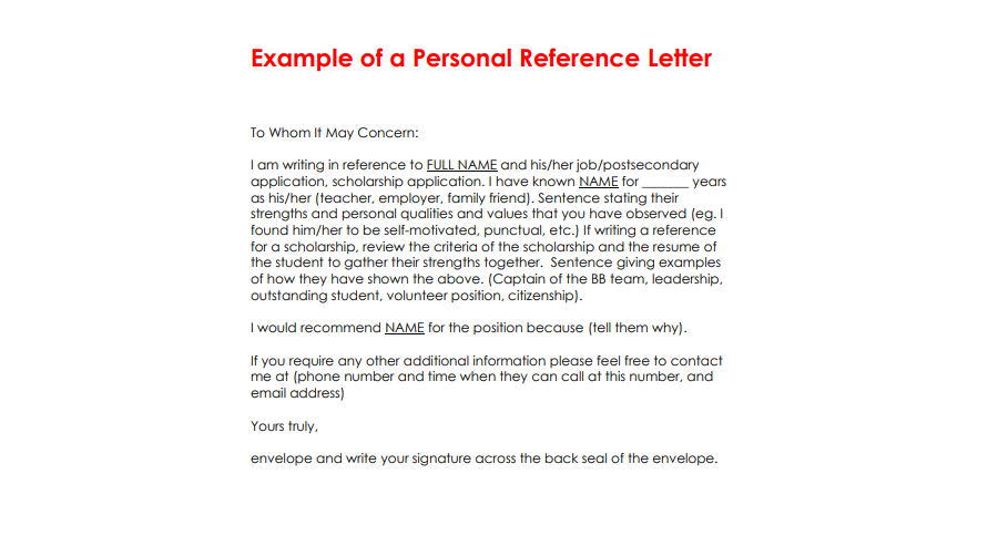 Personal  Reference Letter Templates