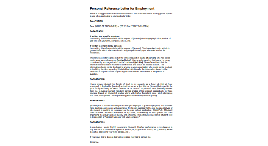 Personal Reference  Letter Sample for Employement