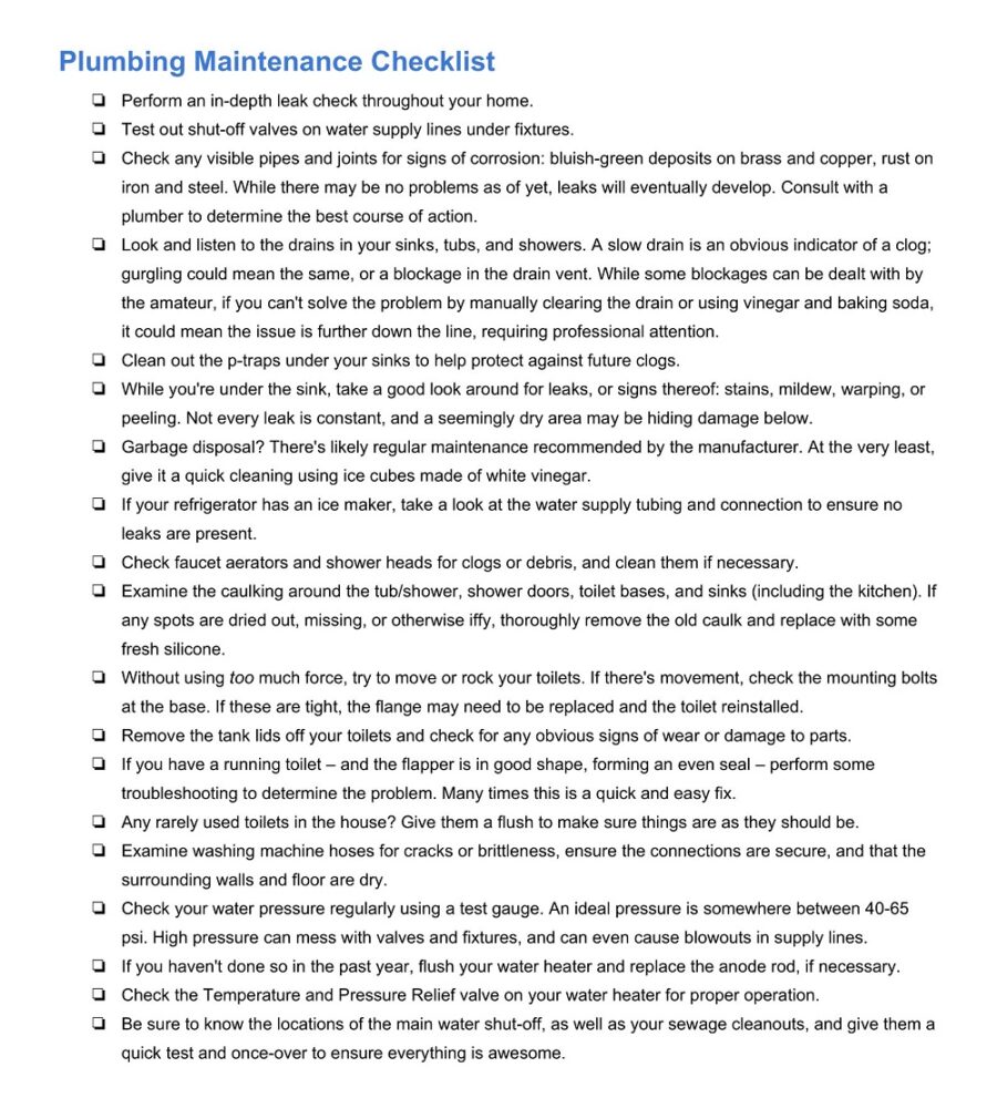 Plumbing Maintenance Checklist Template