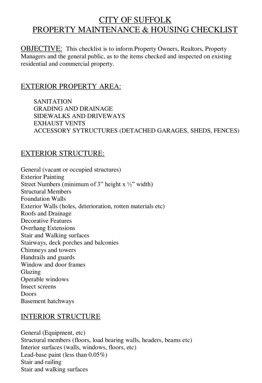 Plumbing Maintenance Housing Checklist