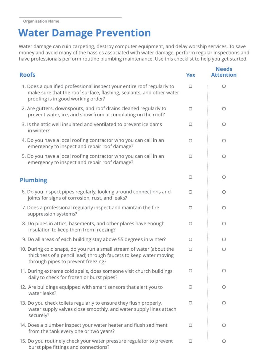 Water Damage Plumbing Maintenance Checklist