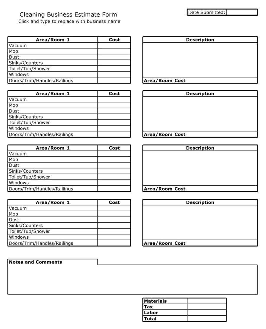 Printable Cleaning Business Estimate Form