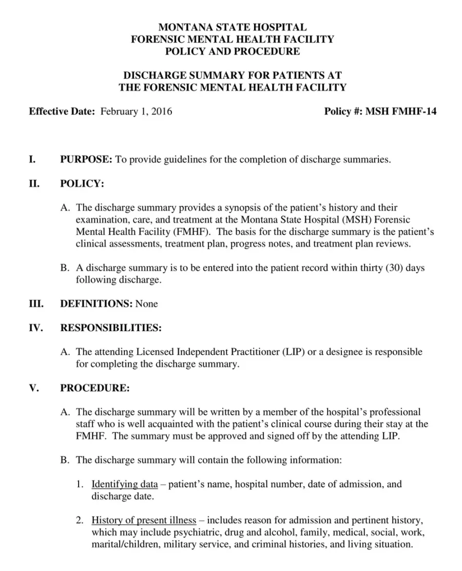 Psychiatric Facility Discharge Summary Template